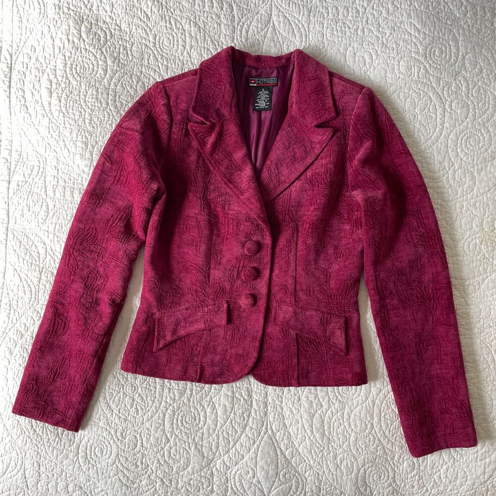Vtg Y2K Hot Kiss Raspberry Floral Textured Blazer Sz L Slim Fit Juniors Cropped